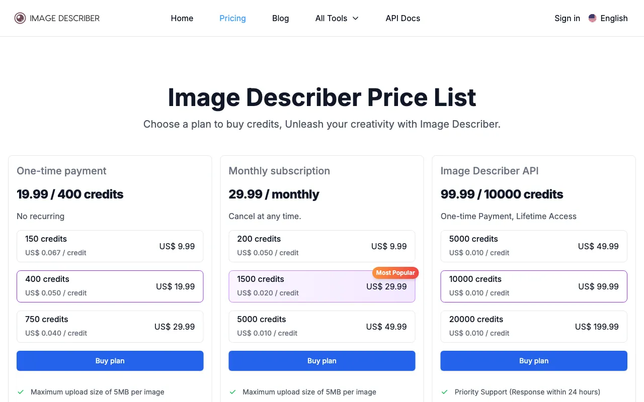 Image Describer — pricing page