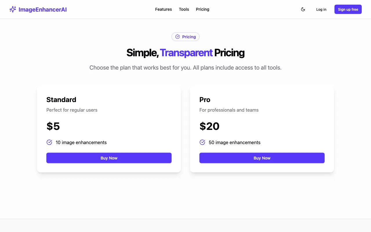 ImageEnhancerAI — pricing page