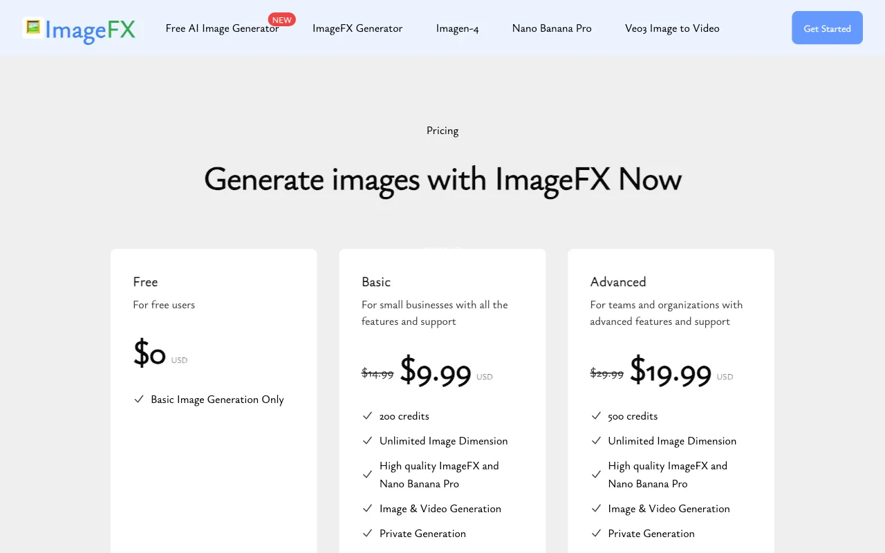 Image FX — pricing page