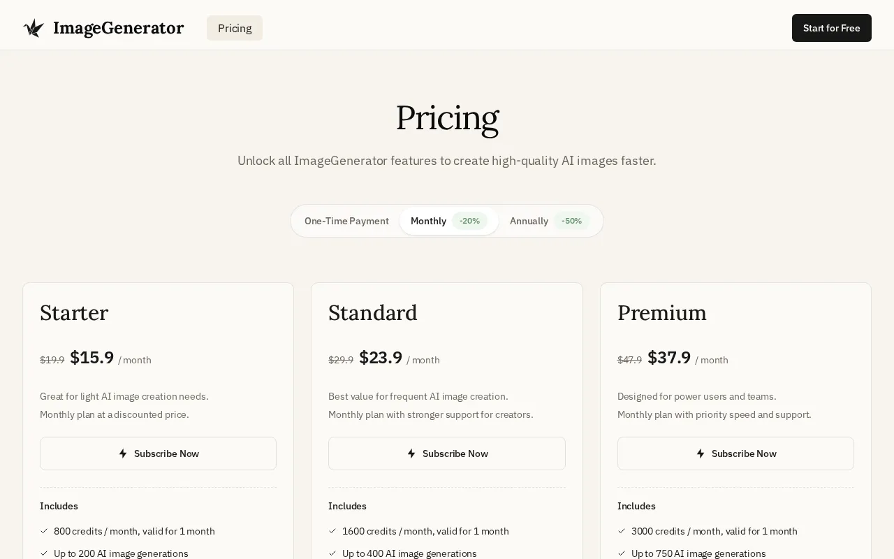 Image-Generator.io — pricing page