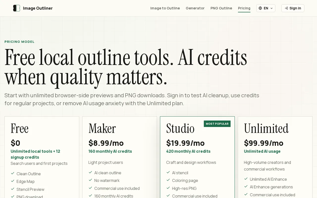 Image Outliner — pricing page