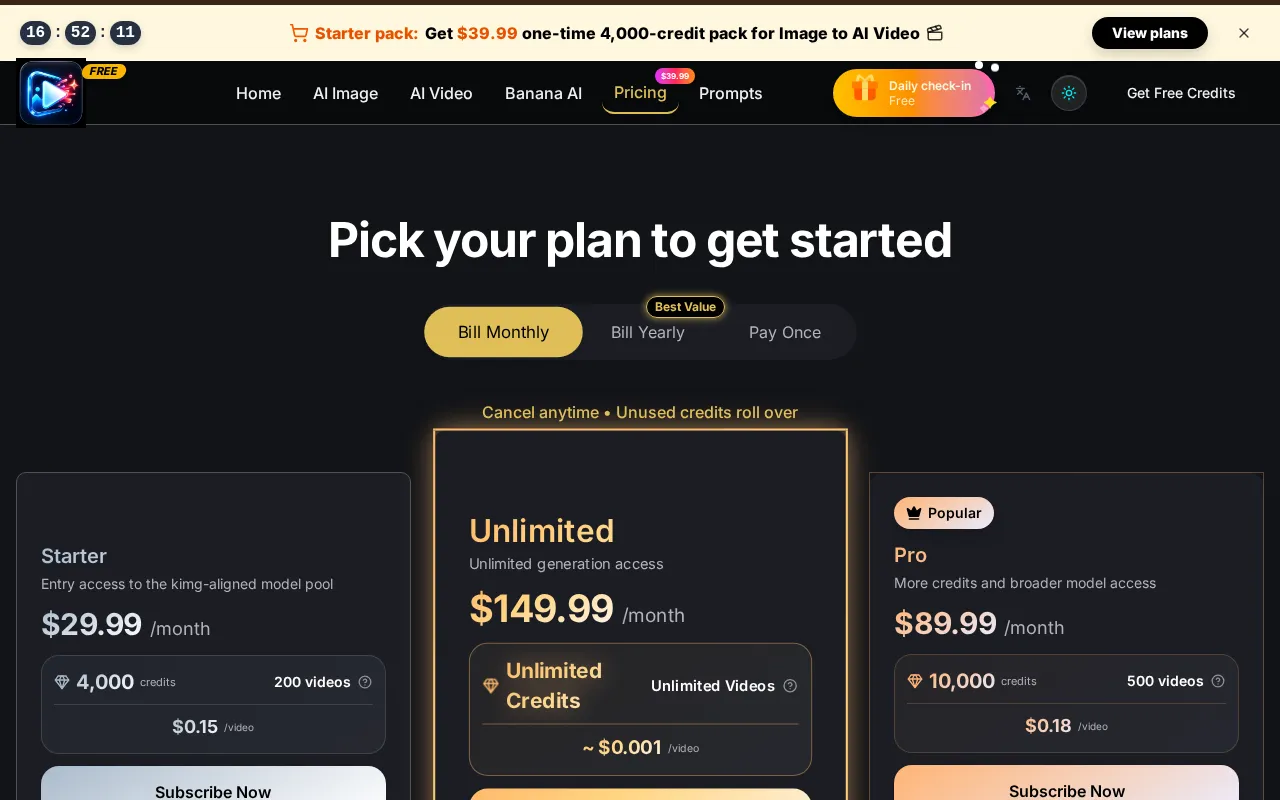 Image to AI Video — pricing page