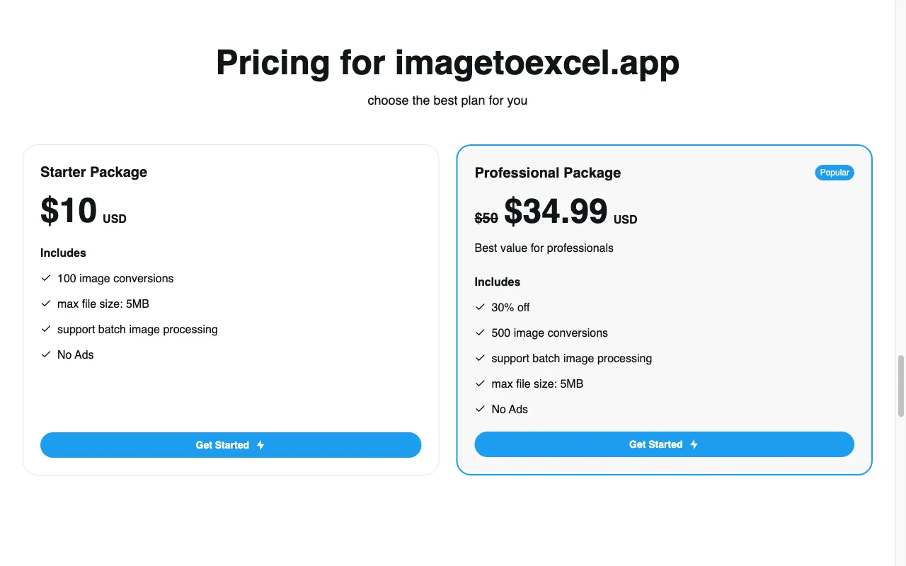 imagetoexcel.app — pricing page