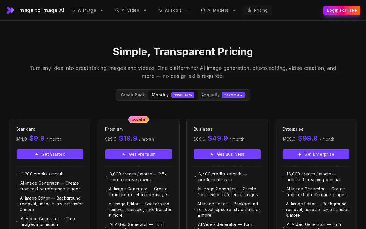 Image to Image AI — pricing page