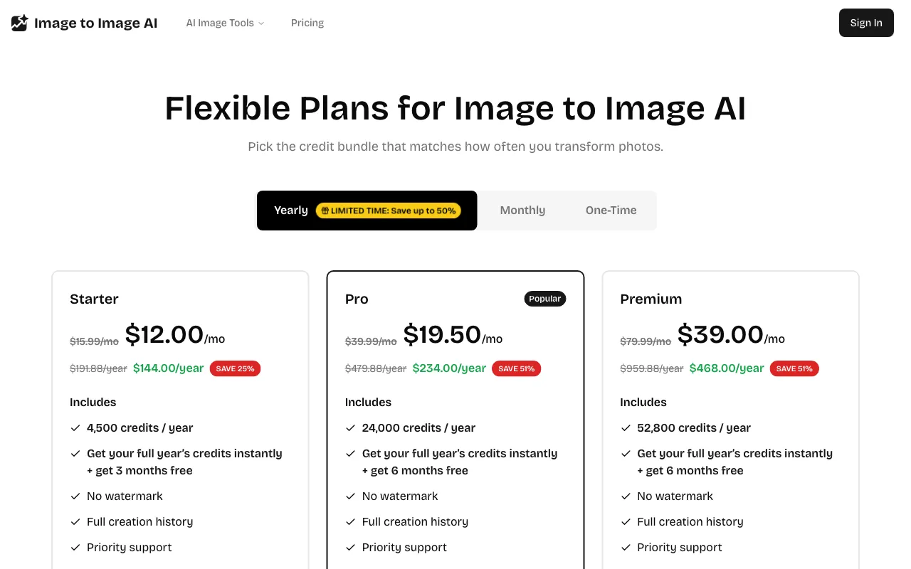 Image to Image AI — pricing page
