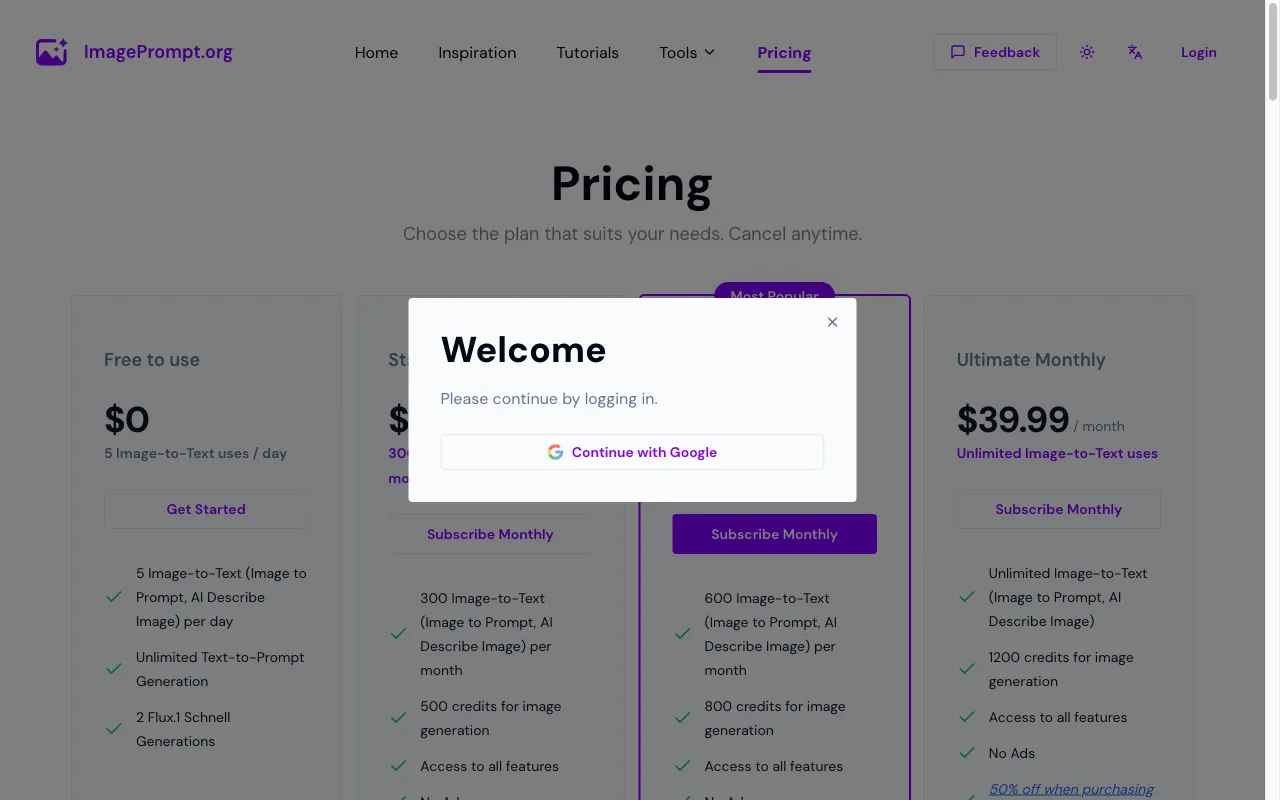 Image to Prompt — pricing page