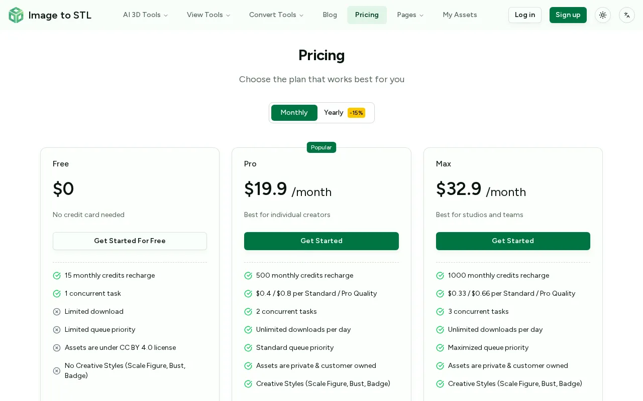 Image to STL — pricing page