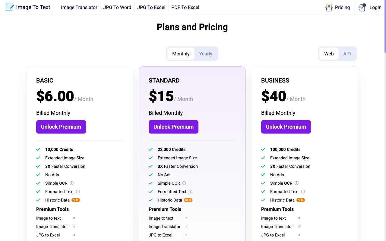 Image to Text Converter — pricing page