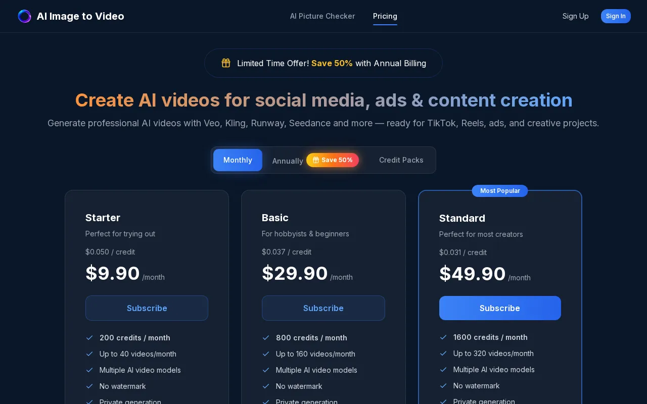 Image to Video AI — pricing page