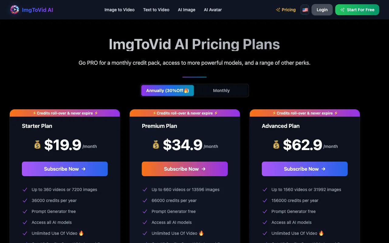 Image to Video AI — pricing page