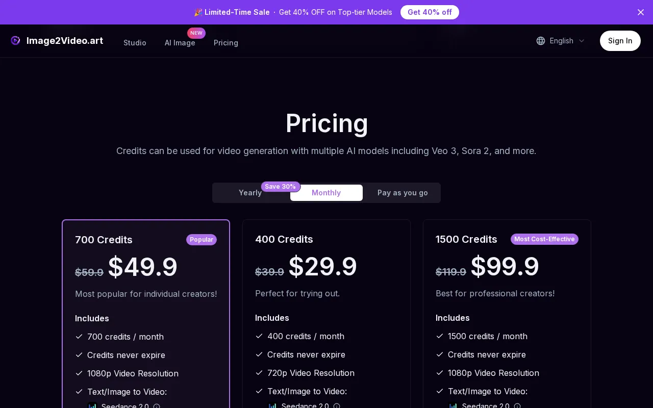 Image to Video AI Generator: Transform Photos to Motion — pricing page