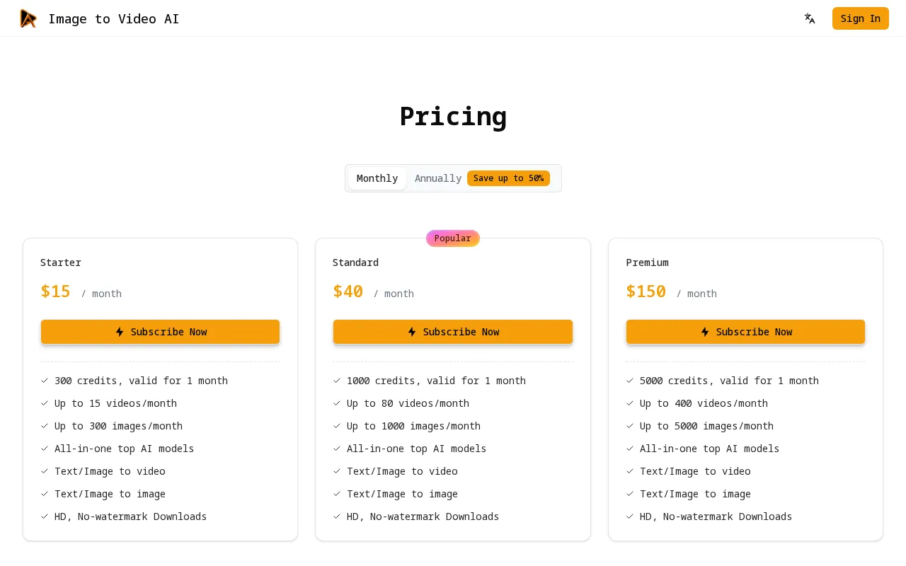 Image to Video AI — pricing page