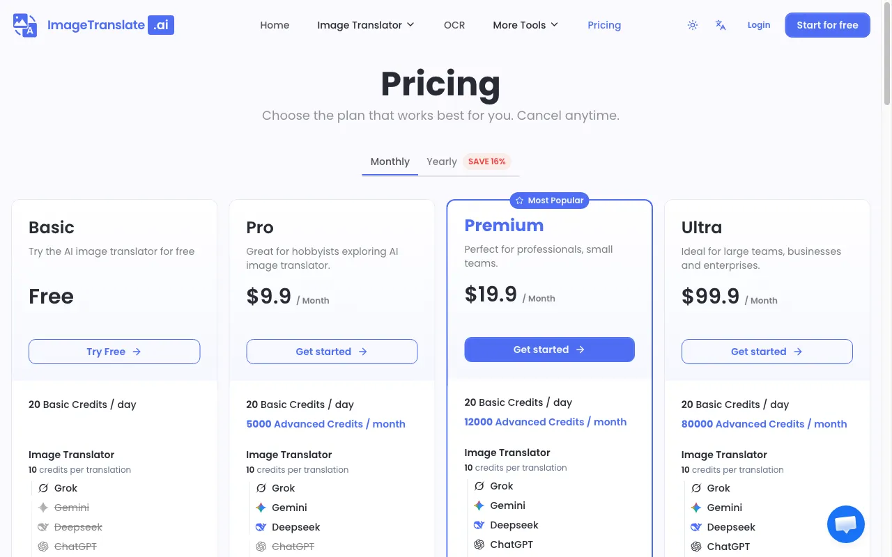 Image Translate AI — pricing page