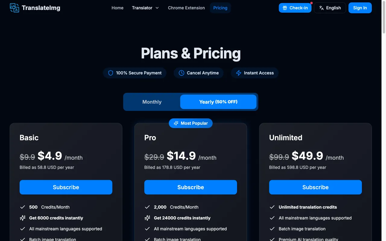 TranslateImg — pricing page