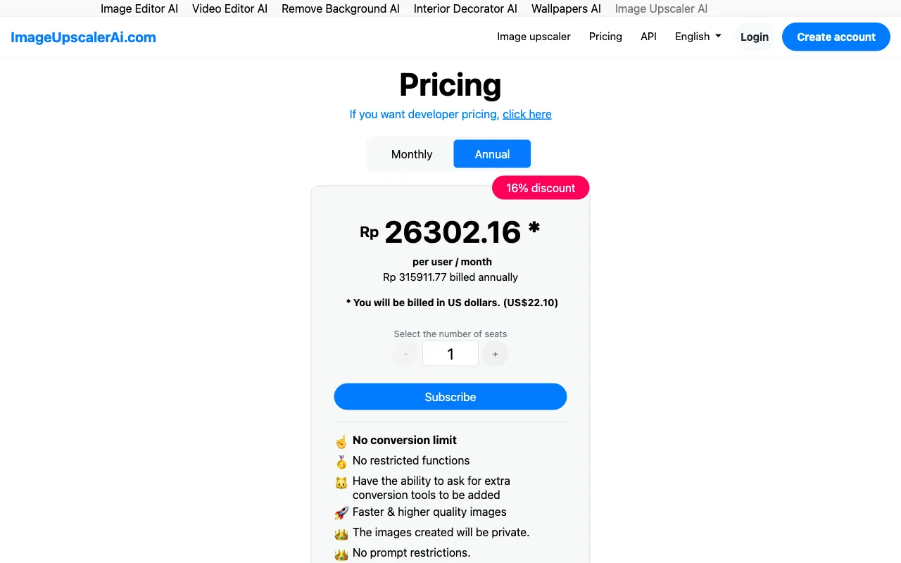 ImageUpscalerAI.com — pricing page