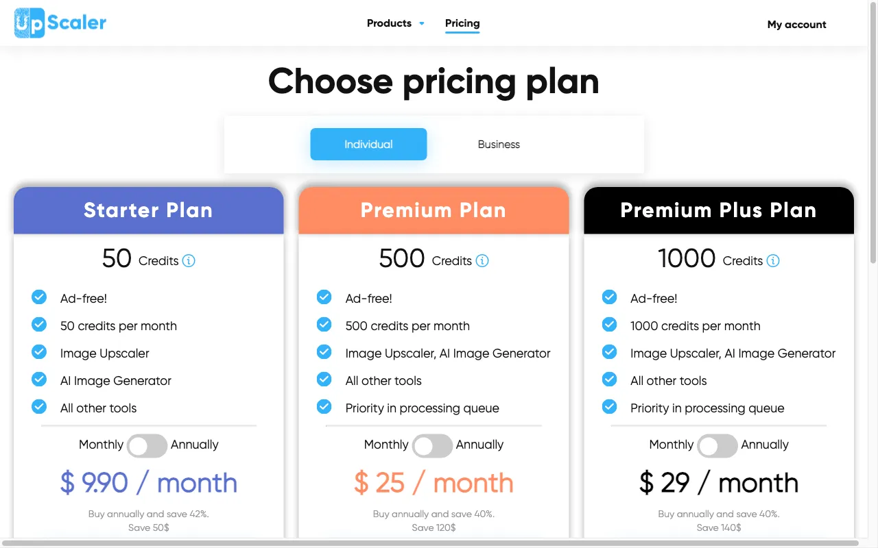 Image Upscaler — pricing page