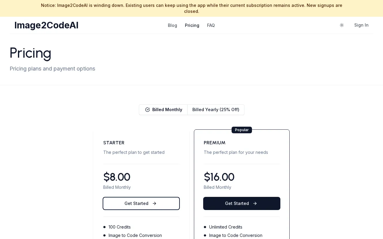 Image2Codeai — pricing page