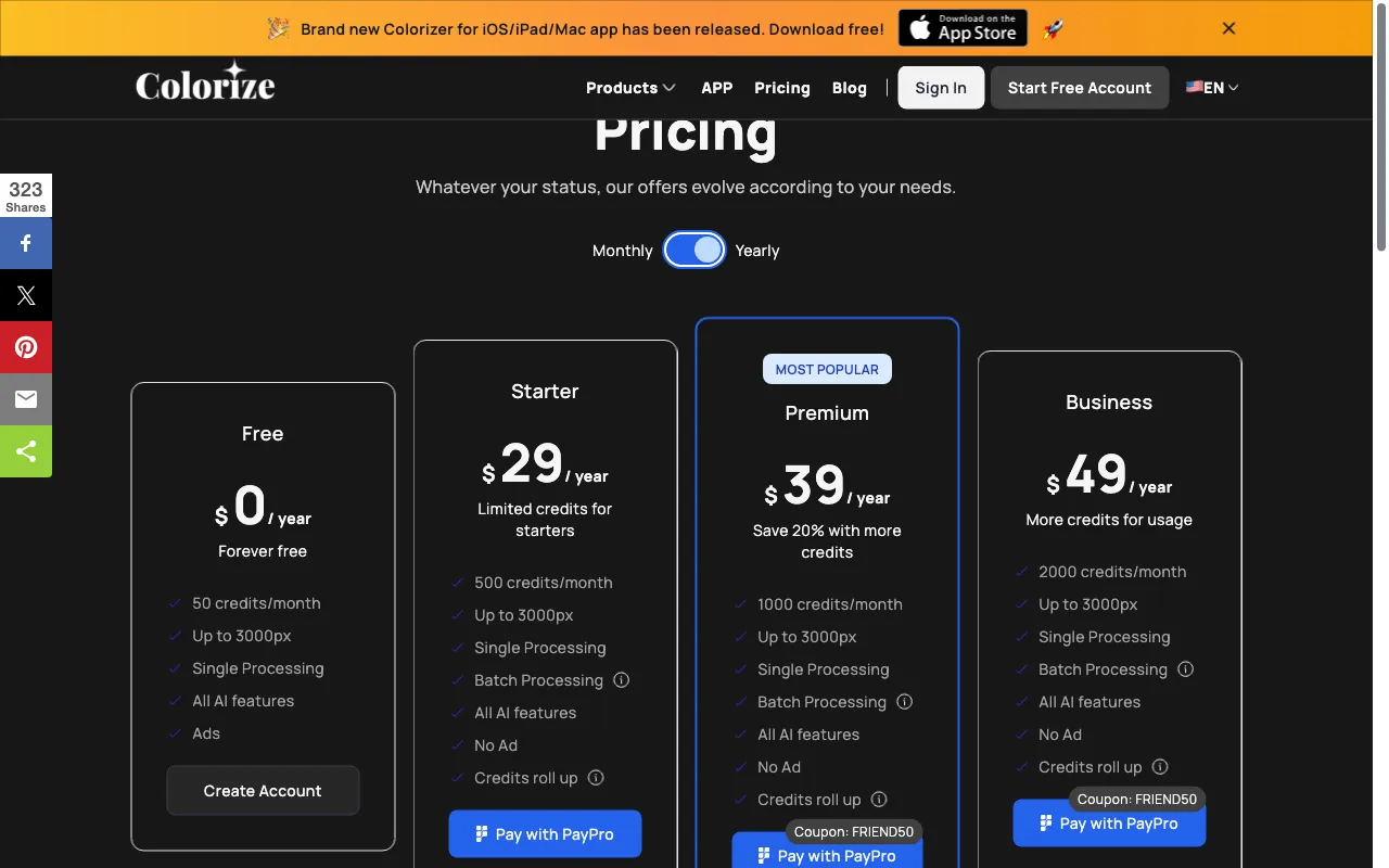 Imagecolorizer — pricing page