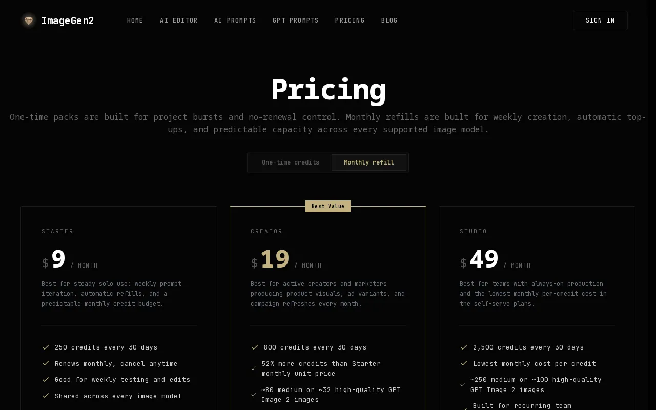 ImageGen2 — pricing page