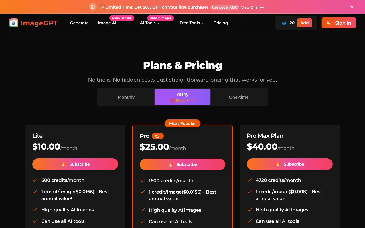 ImageGPT — pricing page
