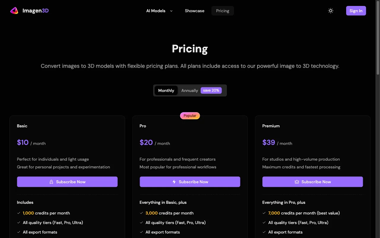 Imagen3D — pricing page