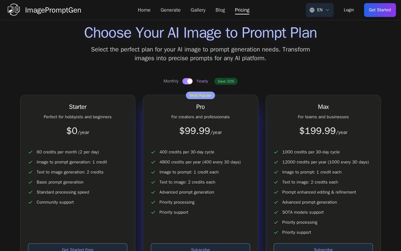ImagePromptGen — pricing page