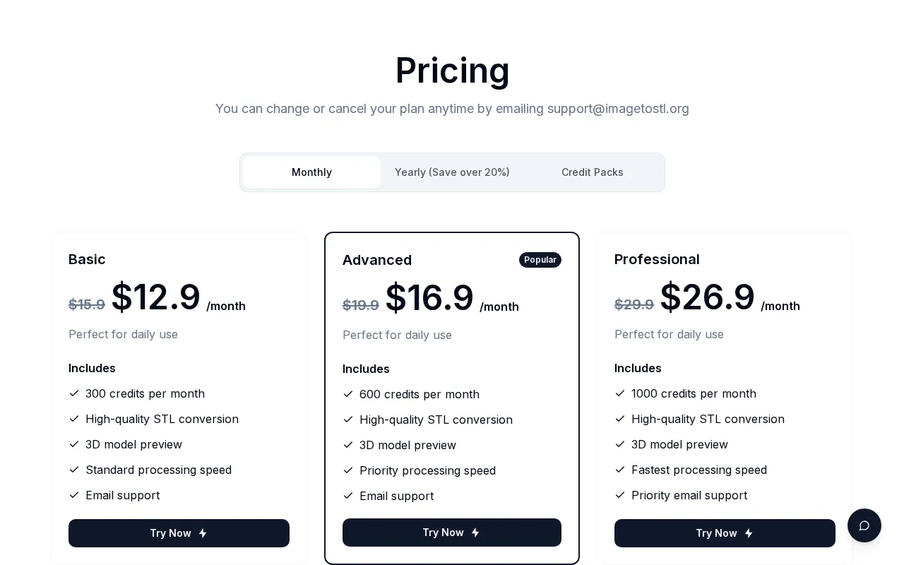 ImageToSTL — pricing page
