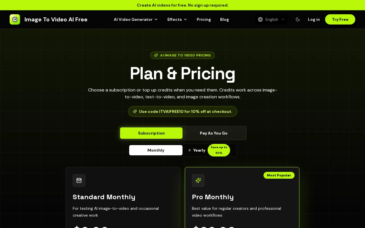 imagetovideoaifree.com — pricing page