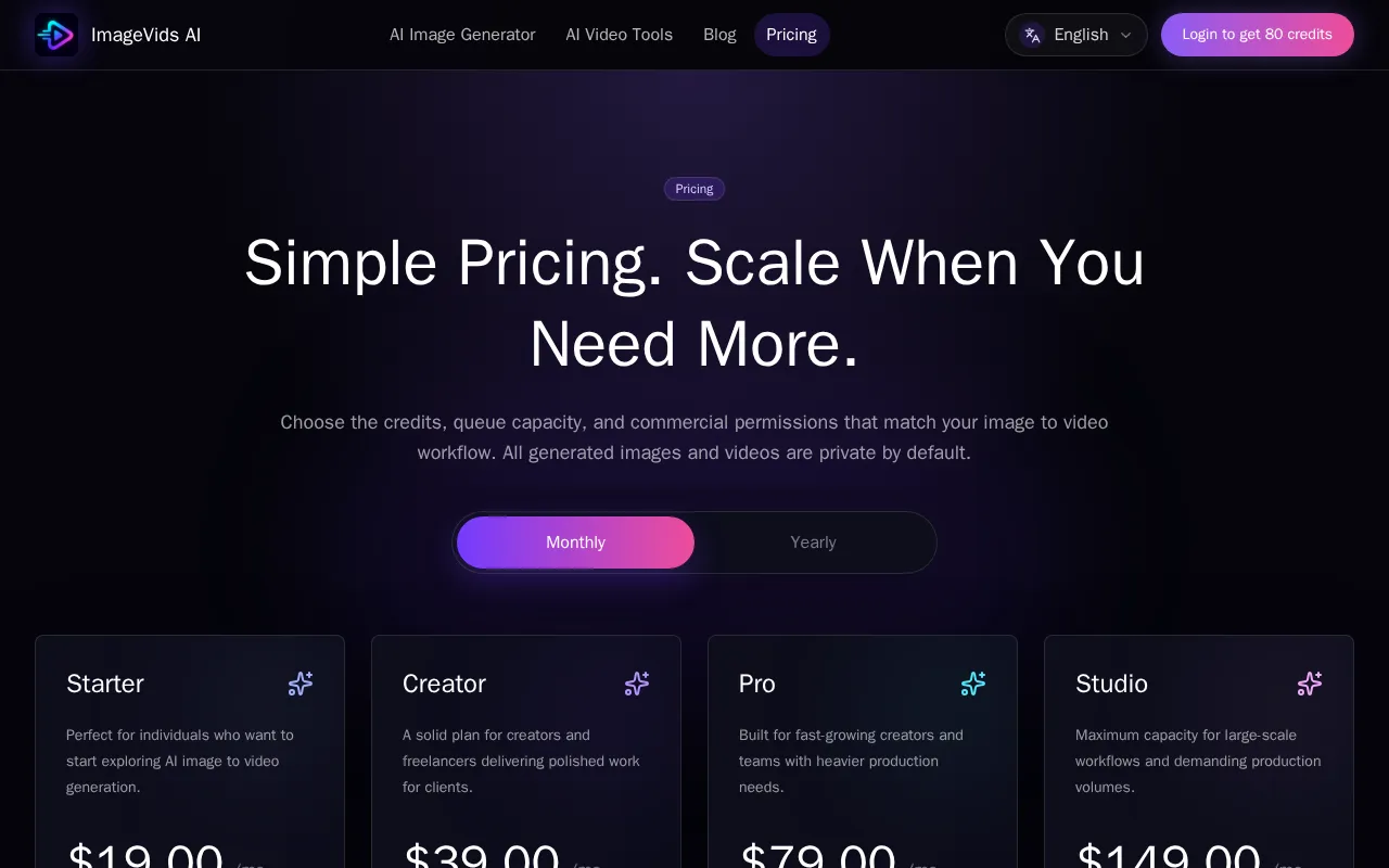 ImageVids AI — pricing page