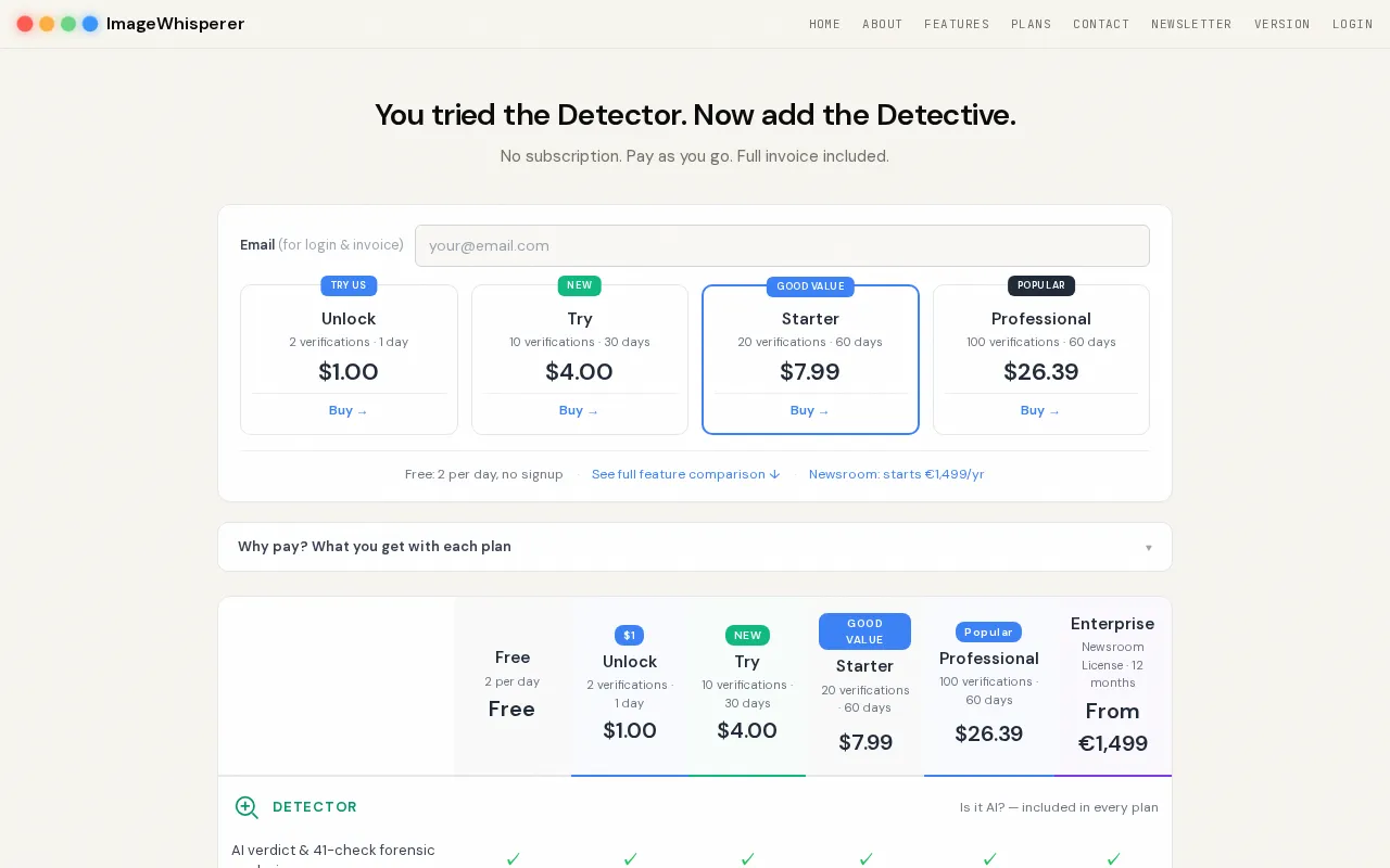 ImageWhisperer — pricing page