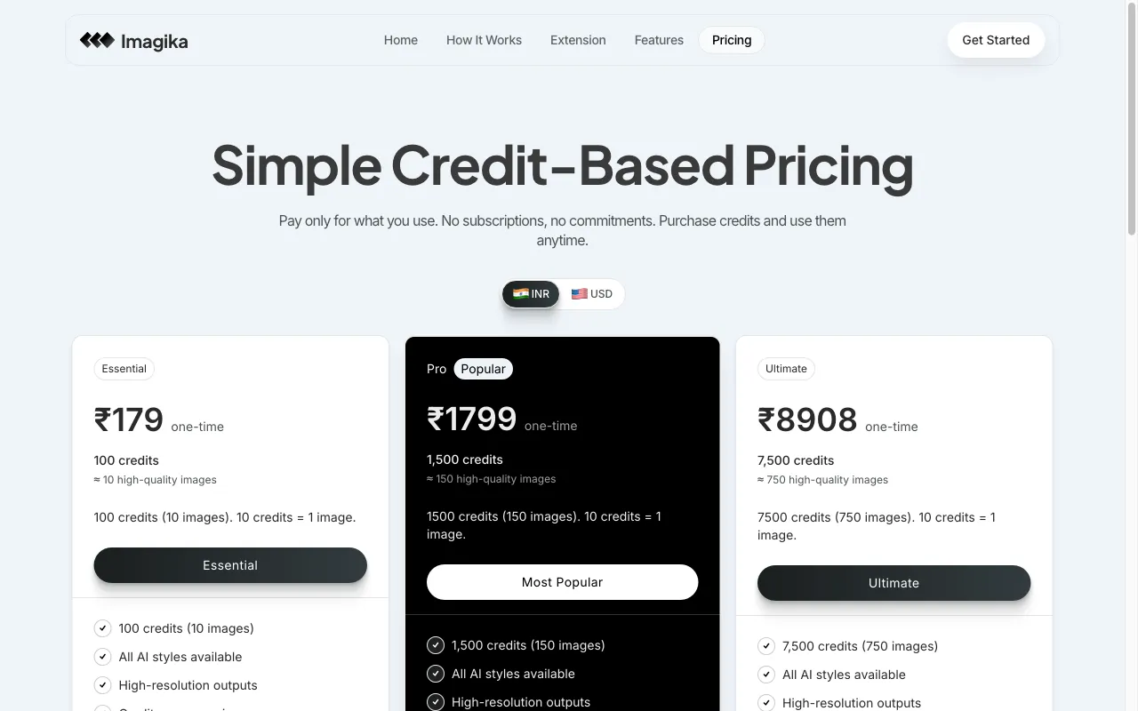 Imagika — pricing page