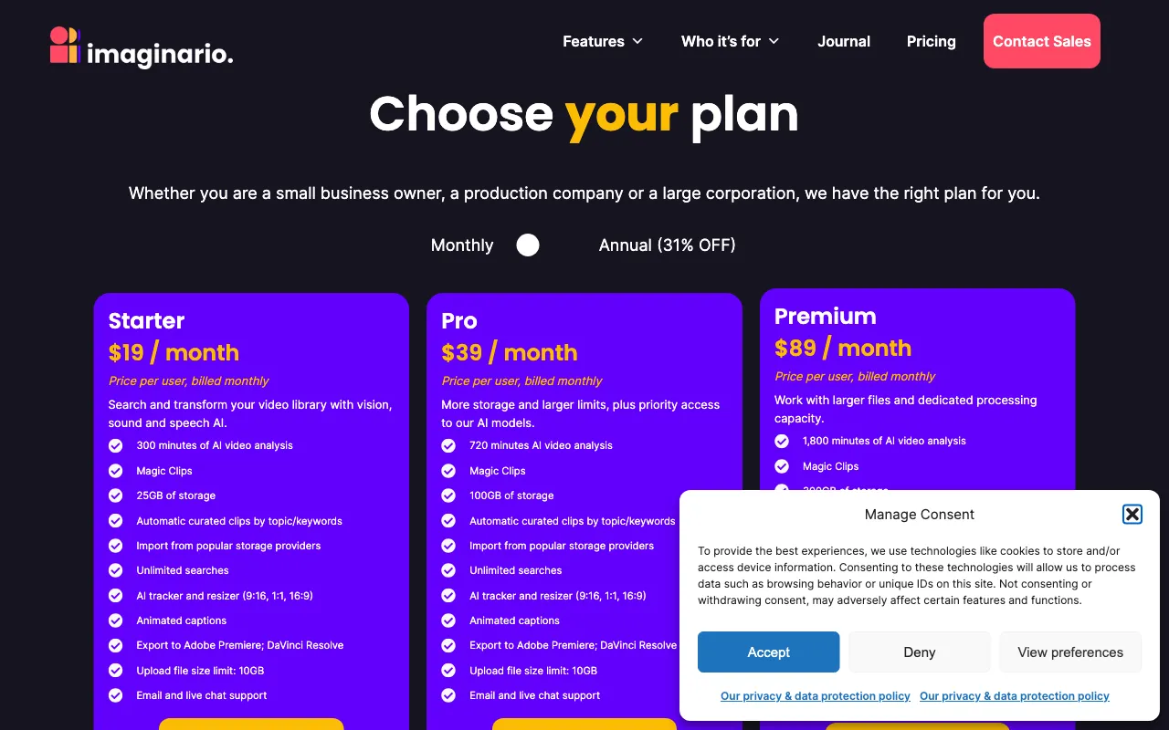 Imaginario AI — pricing page