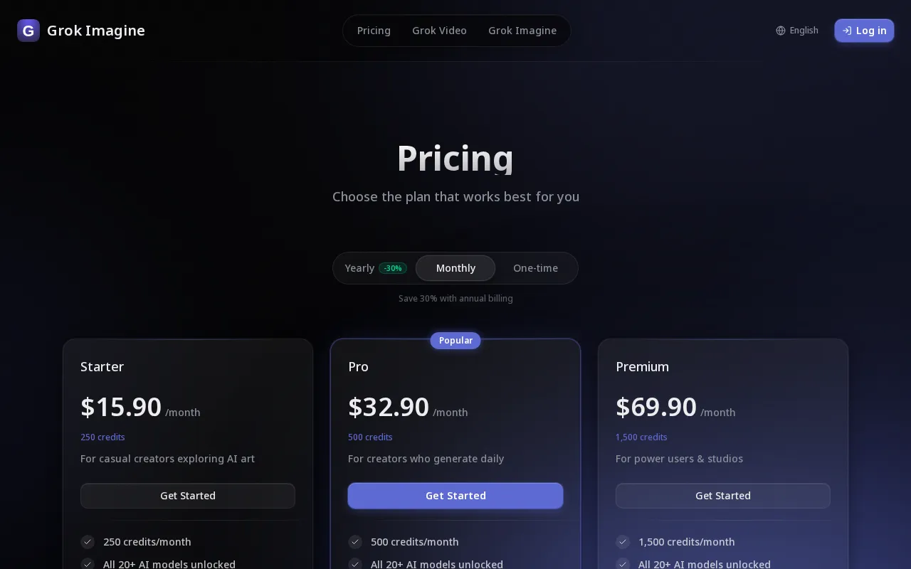 Imagine Grok — pricing page