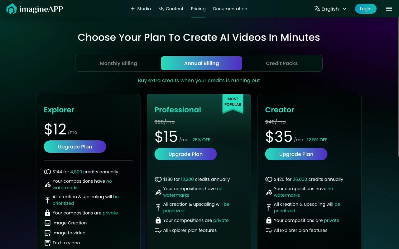 Imagineapp — pricing page