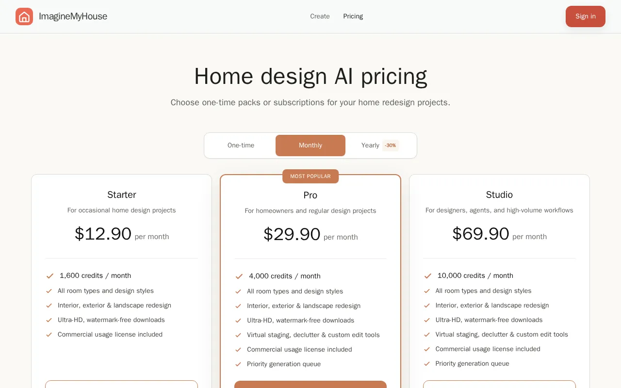 ImagineMyHouse — pricing page