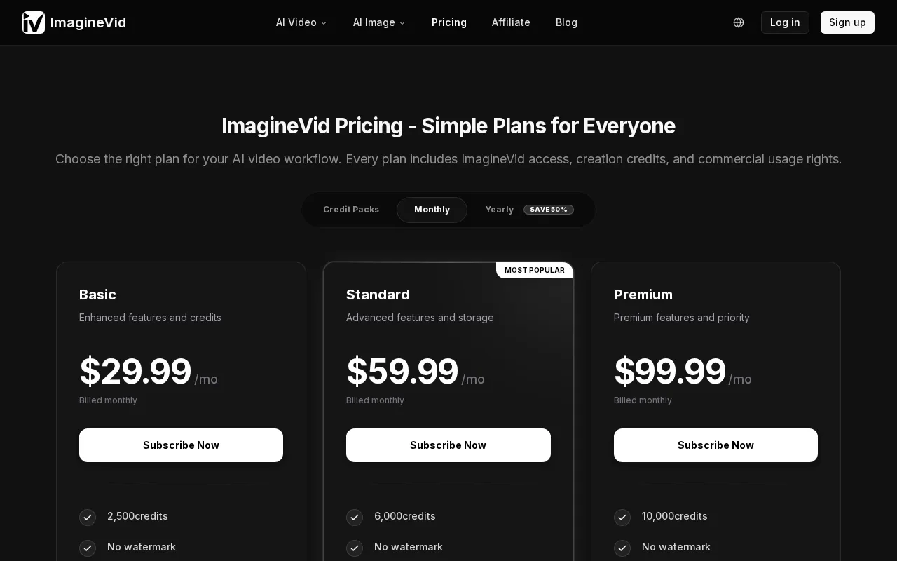 ImagineVid AI — pricing page