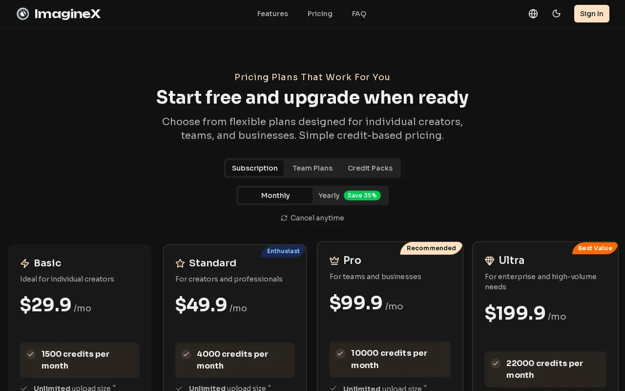 ImagineX — pricing page
