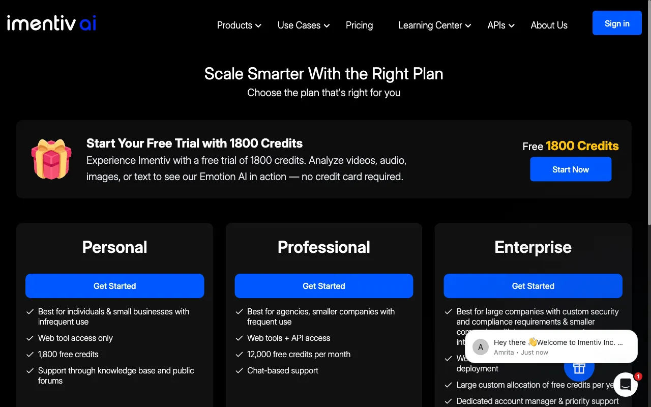 Imentiv AI — pricing page