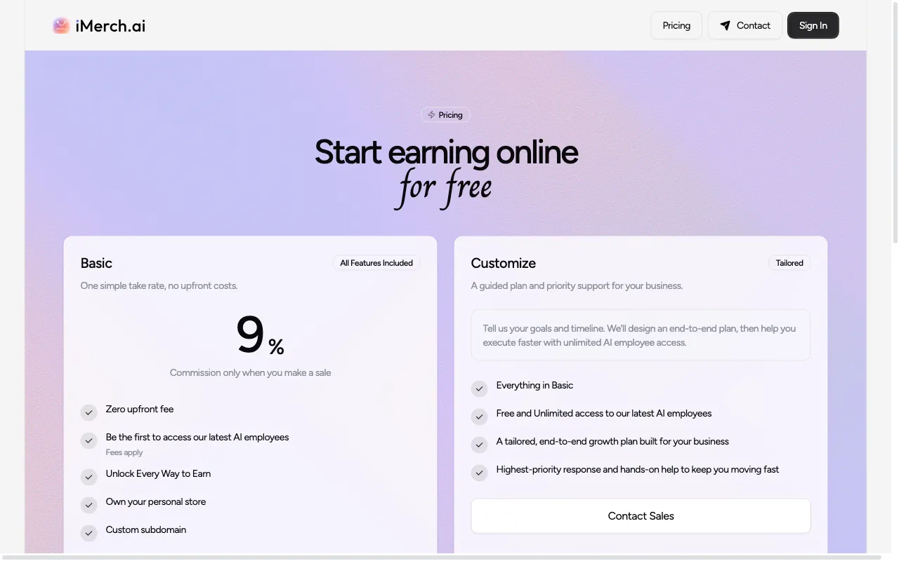 iMerch.ai — pricing page