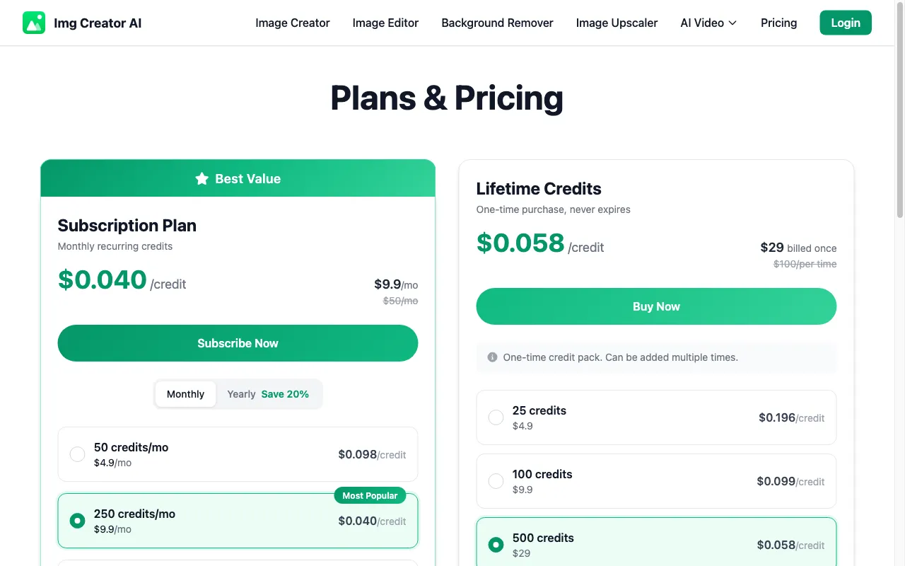 Img Creator AI — pricing page