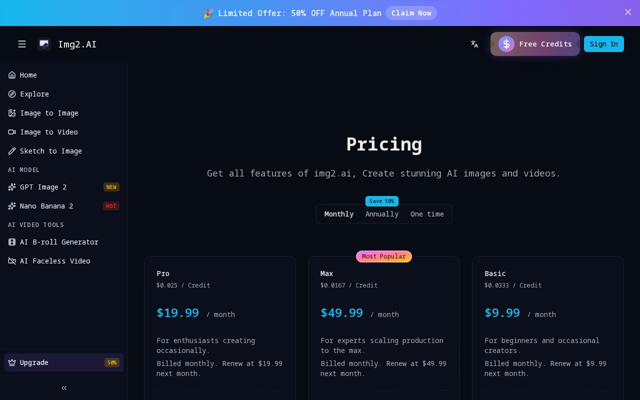Img2.AI — pricing page