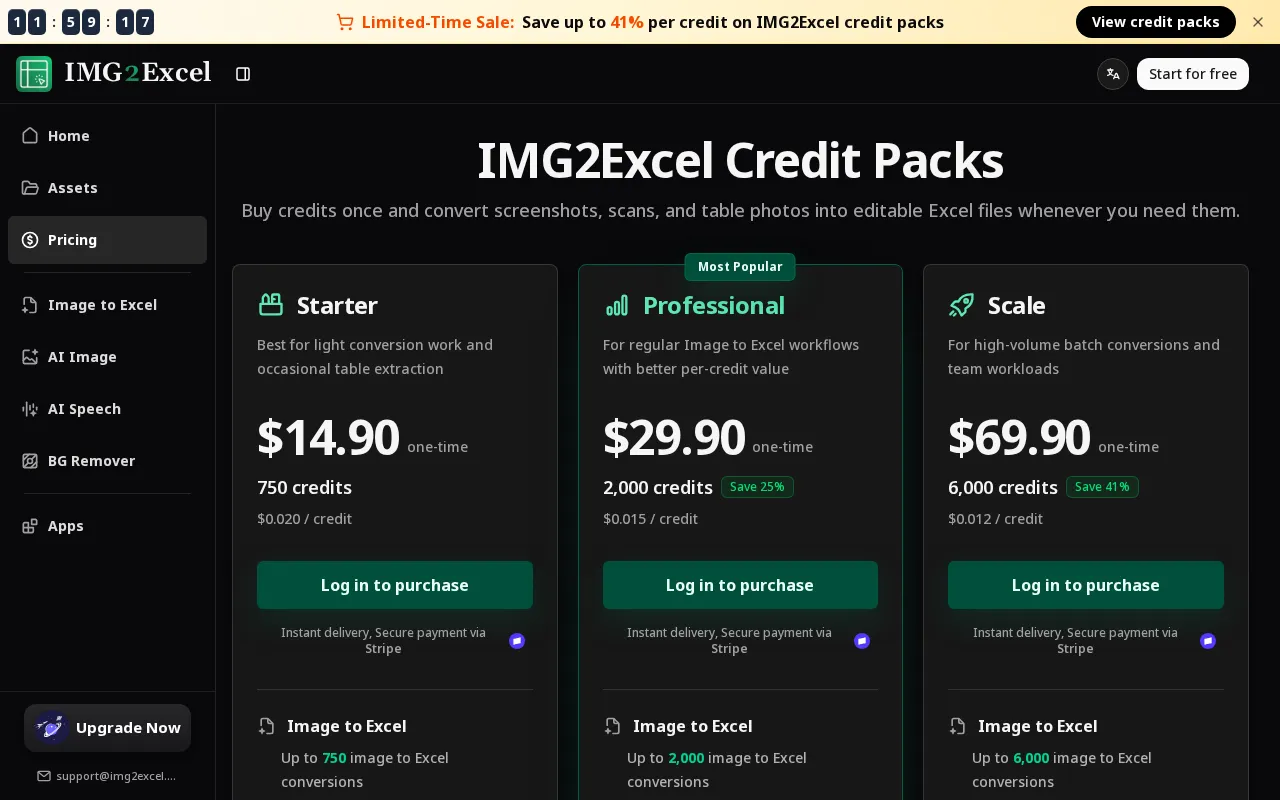 IMG2Excel — pricing page