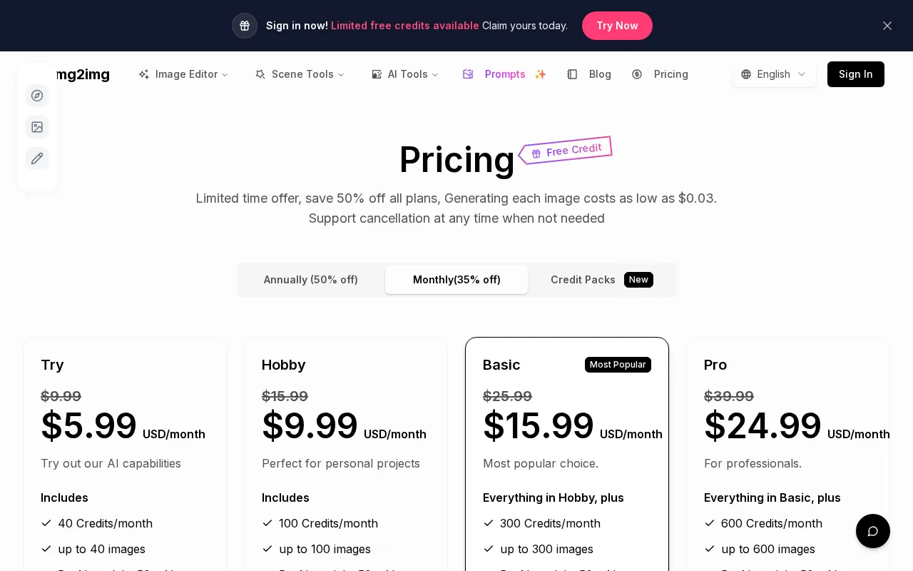 img2img AI — pricing page