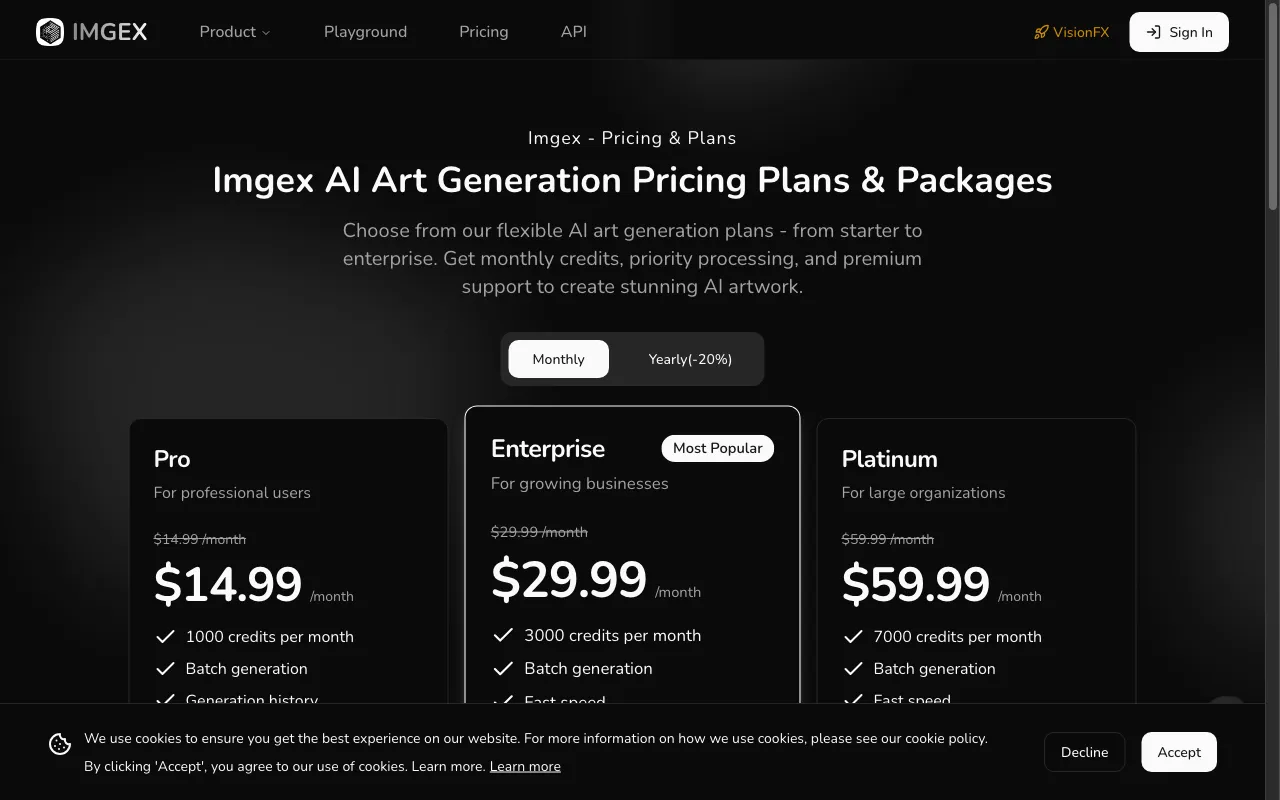 Imgex AI — pricing page