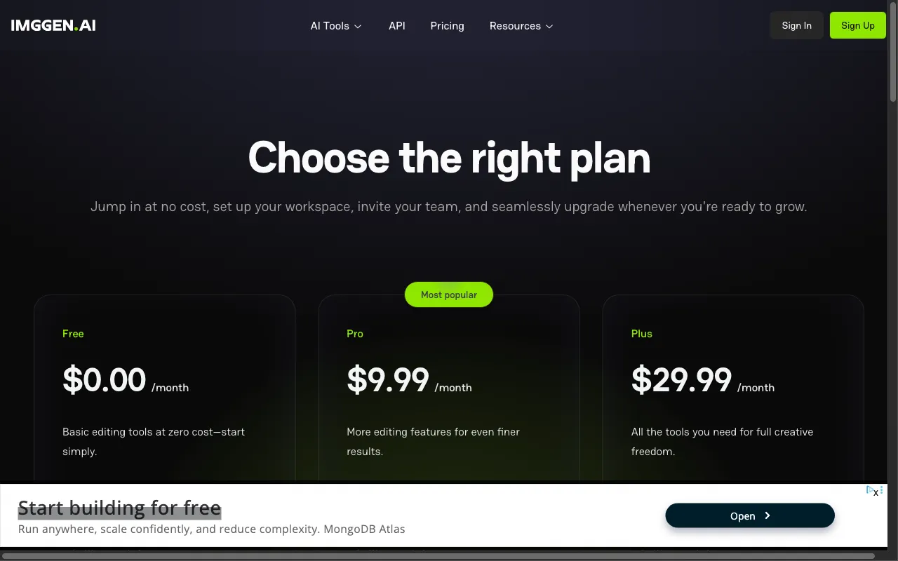ImgGen AI — pricing page