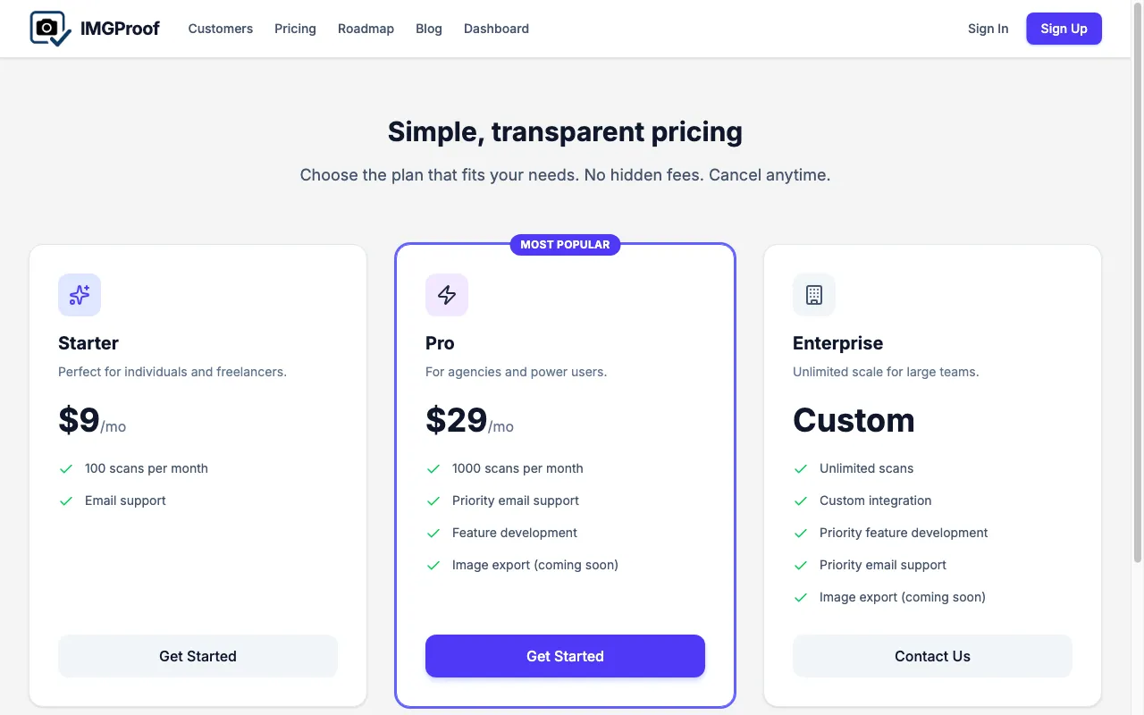 imgProof — pricing page