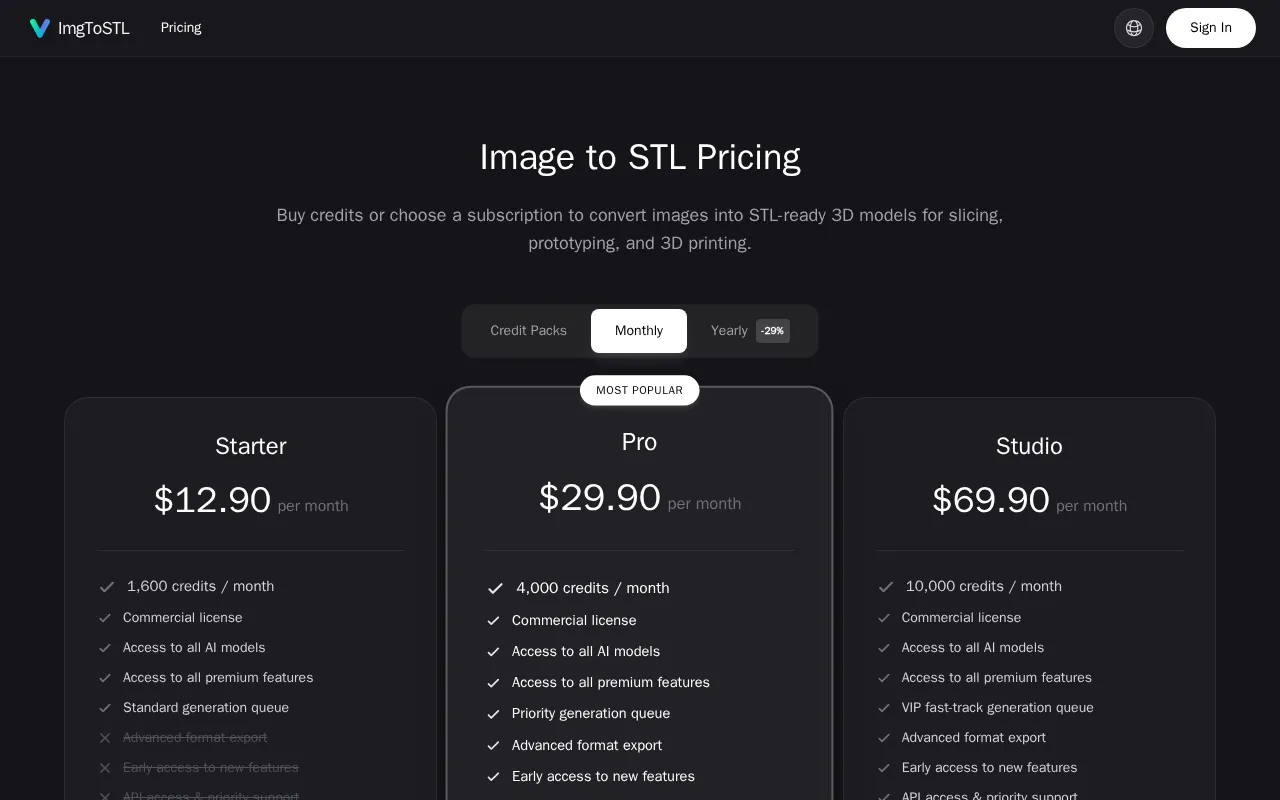 ImgToSTL — pricing page