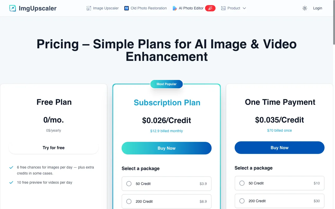 Imgupscaler AI — pricing page