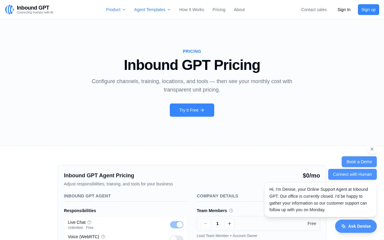 Inbound GPT — pricing page