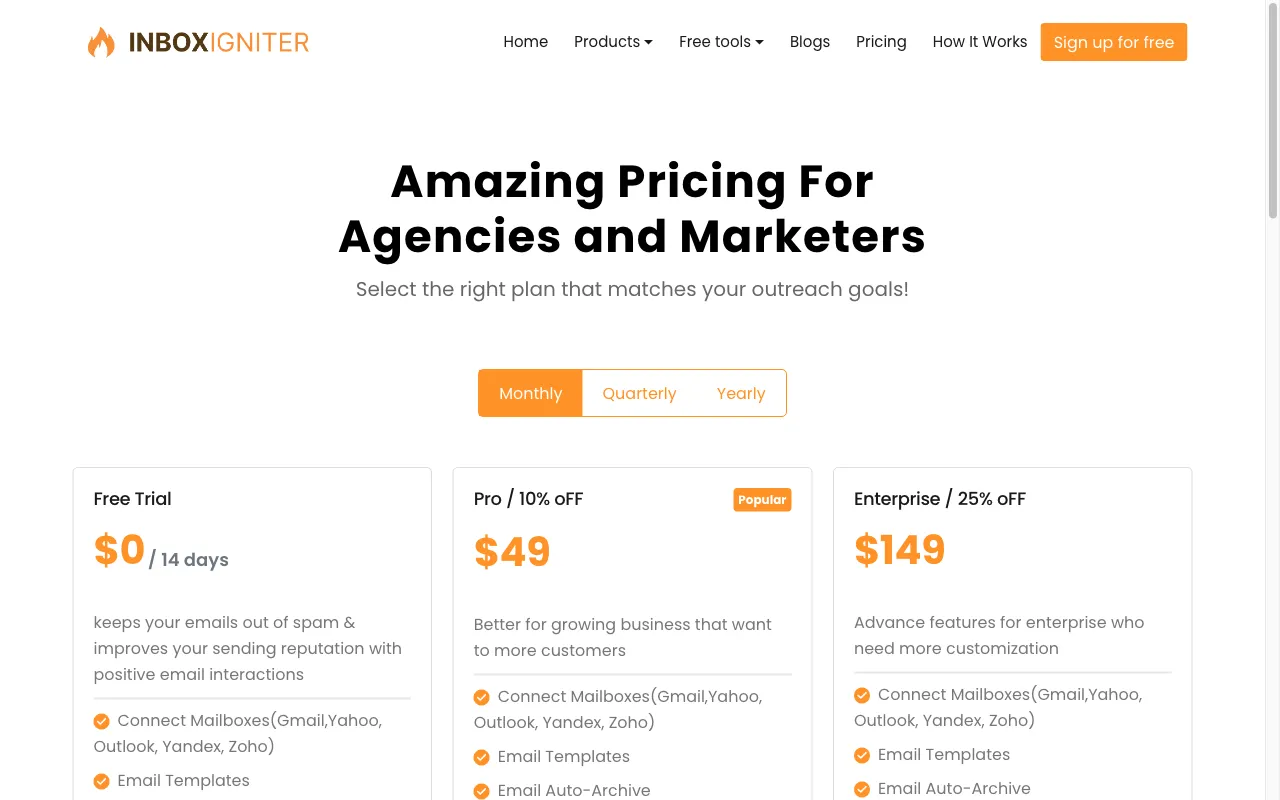 InboxIgniter — pricing page